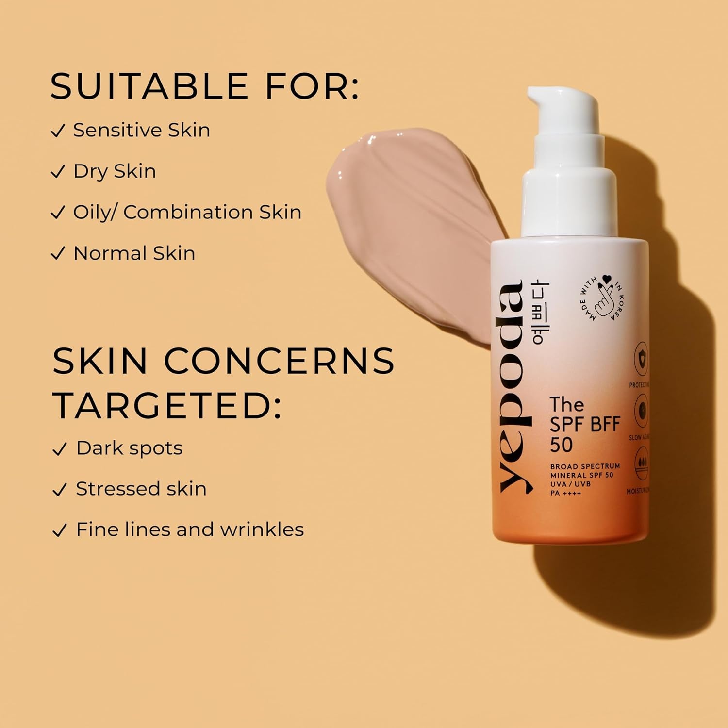 Yepoda the SPF BFF, Protector Solar Mineral Con Color De Amplio Espectro FPS 50 PA+++, Protector Y Nutritivo, Crema Solar Vegana Coreana Para Todo Tipo De Pieles, 50 Ml