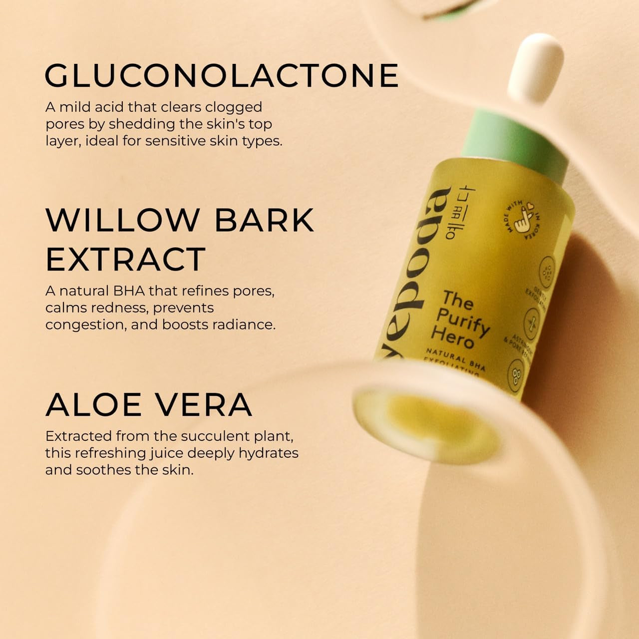 Yepoda the Purify Hero, Sérum Exfoliante Natural Con BHA, Minimiza Los Poros & Regenera Las Células, Sérum Exfoliante Suave Coreano Vegano Para Todo Tipo De Pieles, 30 Ml