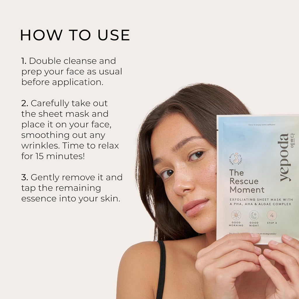 Yepoda - the RESCUE MOMENT - Una Sola Sheet Mask - Mascarilla Facial Exfoliante Con Un Cocktail De PHA, AHA & Algas (25 Ml)