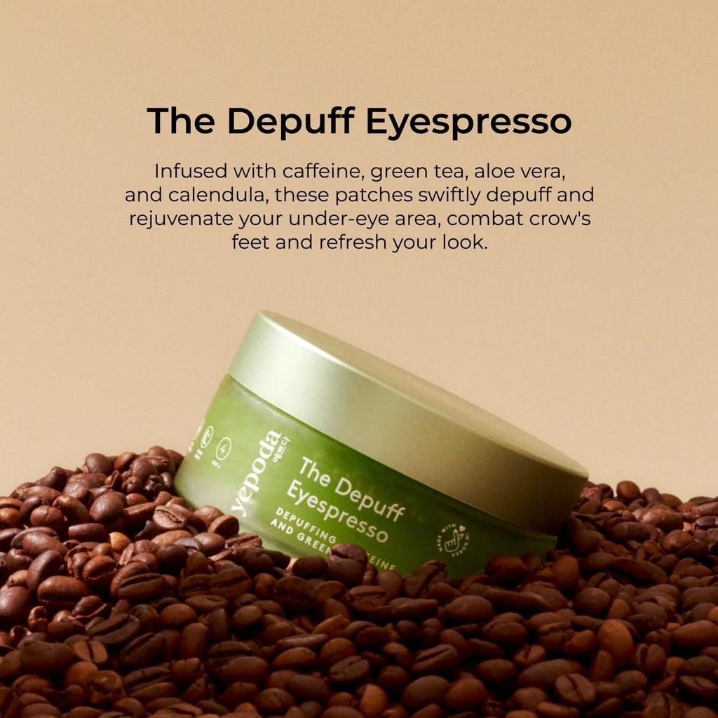 Yepoda the Depuff Eyespresso, Parches Para Ojos Con Cafeína Y Té Verde. Reducen La Hinchazón Y Revitalizan El Contorno. Veganos, Coreanos, Aptos Para Todo Tipo De Pieles. 60 Uds / 90 G
