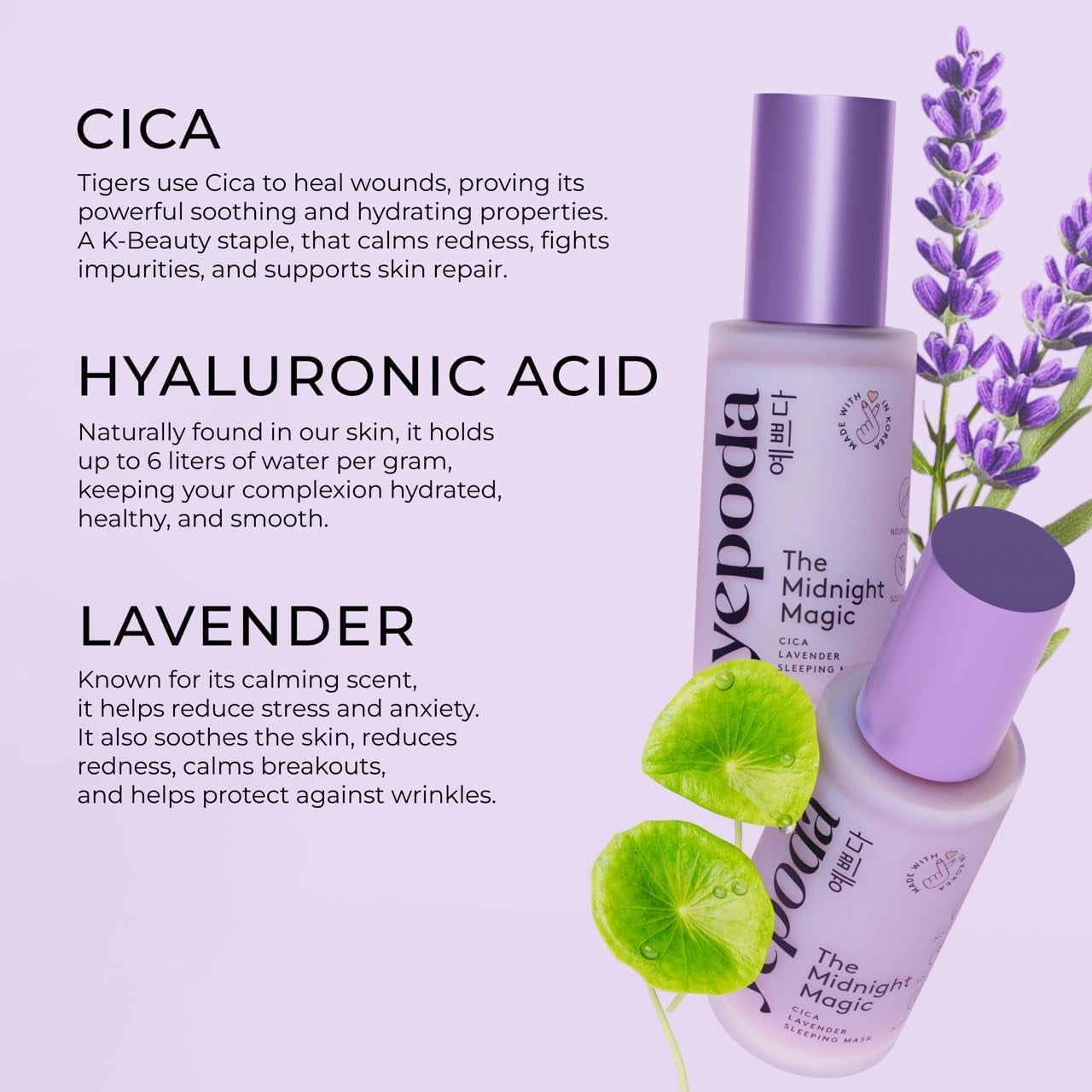 Yepoda the Midnight Magic, Mascarilla De Noche Hidratante Y Rejuvenecedora, Fórmula Nutritiva De Centella Asiática Y Lavanda, Crema Hidratante De Noche Coreana Vegana Para Todo Tipo De Pieles, 50 Ml