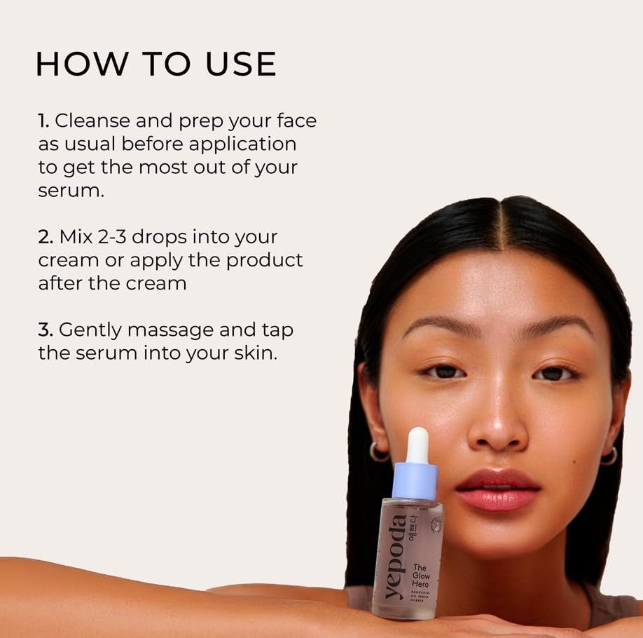 Yepoda the Glow Hero, Híbrido Sérum-Aceite Con Bakuchiol, Nutritivo & Antiedad, Sérum Vegano Coreano Para Una Piel Luminosa Para Todo Tipo De Pieles, 30 Ml