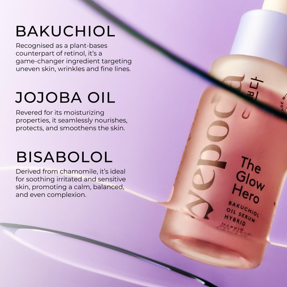 Yepoda the Glow Hero, Híbrido Sérum-Aceite Con Bakuchiol, Nutritivo & Antiedad, Sérum Vegano Coreano Para Una Piel Luminosa Para Todo Tipo De Pieles, 30 Ml