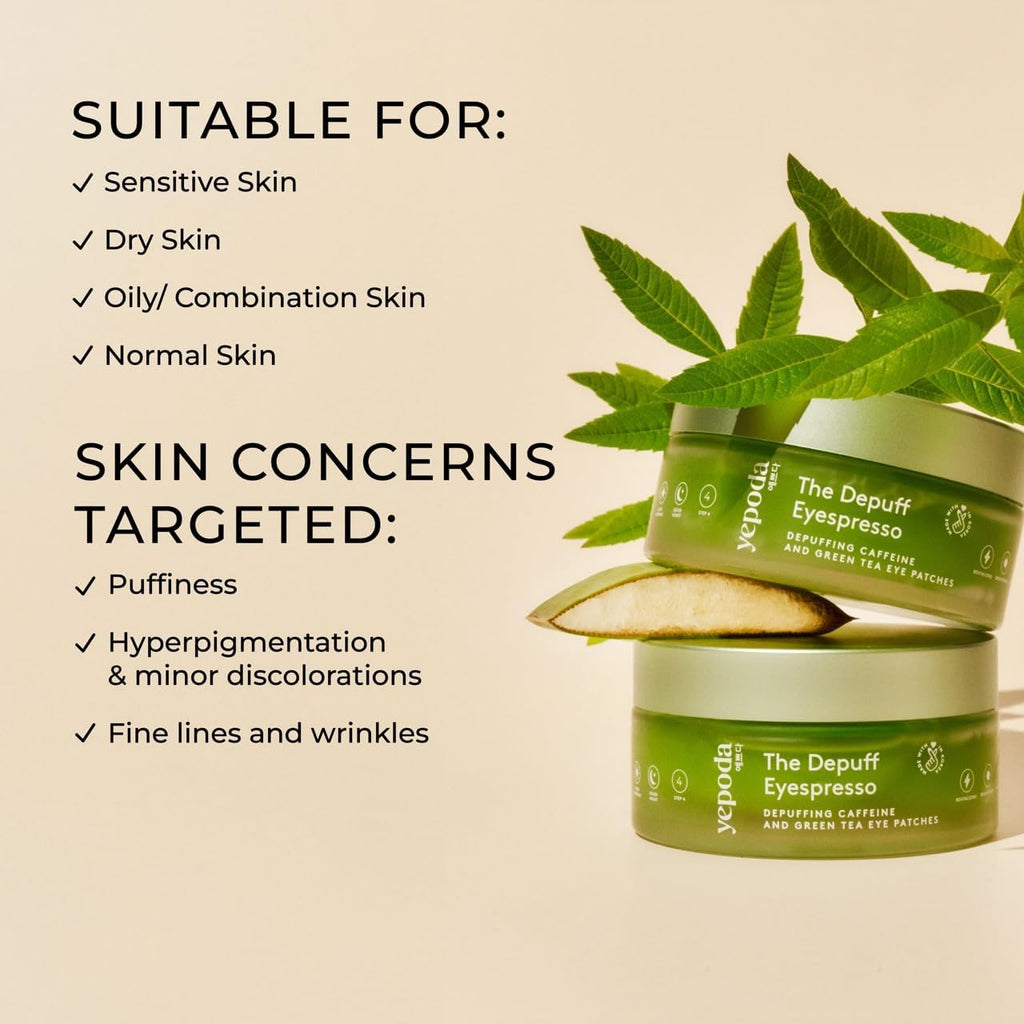 Yepoda the Depuff Eyespresso, Parches Para Ojos Con Cafeína Y Té Verde. Reducen La Hinchazón Y Revitalizan El Contorno. Veganos, Coreanos, Aptos Para Todo Tipo De Pieles. 60 Uds / 90 G