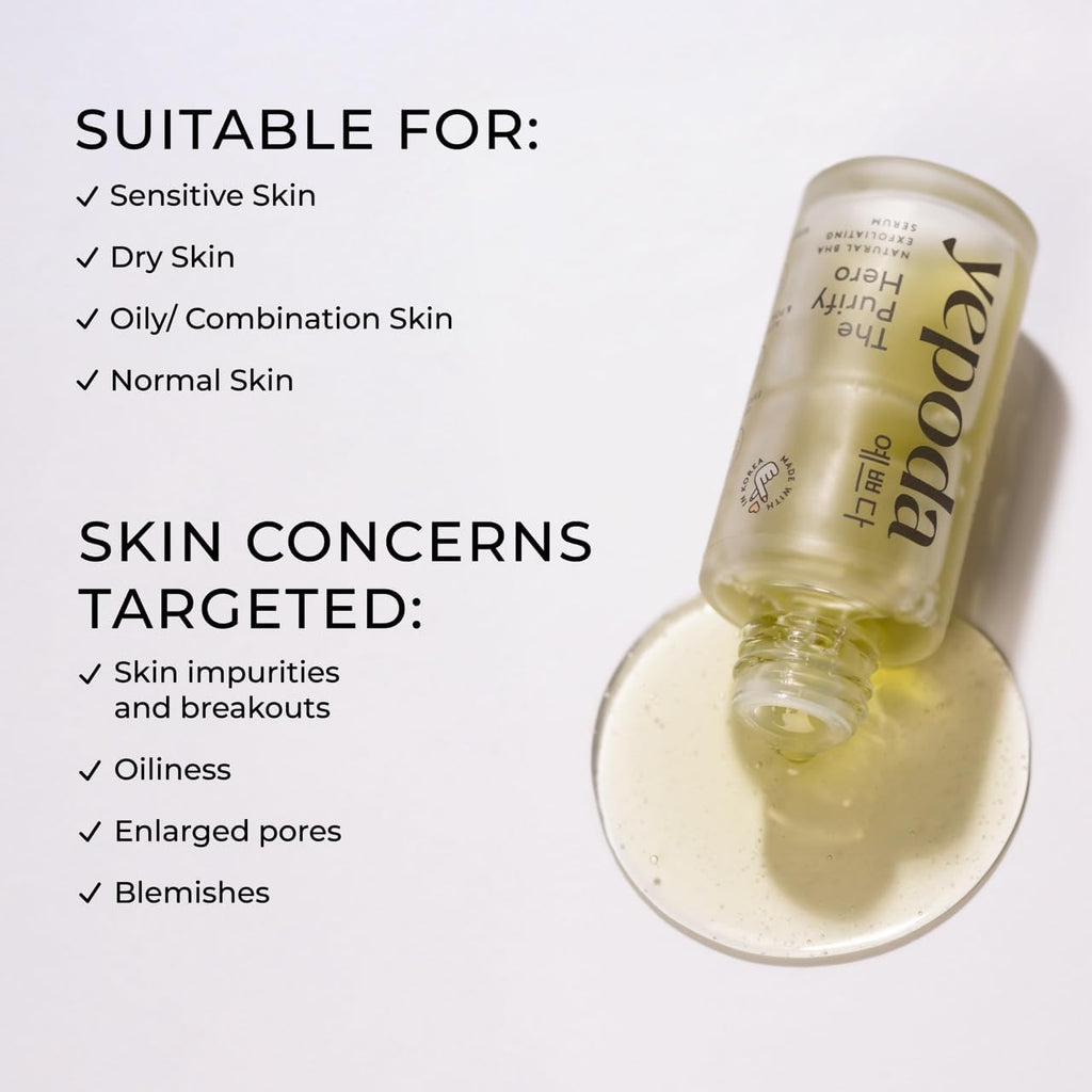 Yepoda the Purify Hero, Sérum Exfoliante Natural Con BHA, Minimiza Los Poros & Regenera Las Células, Sérum Exfoliante Suave Coreano Vegano Para Todo Tipo De Pieles, 30 Ml