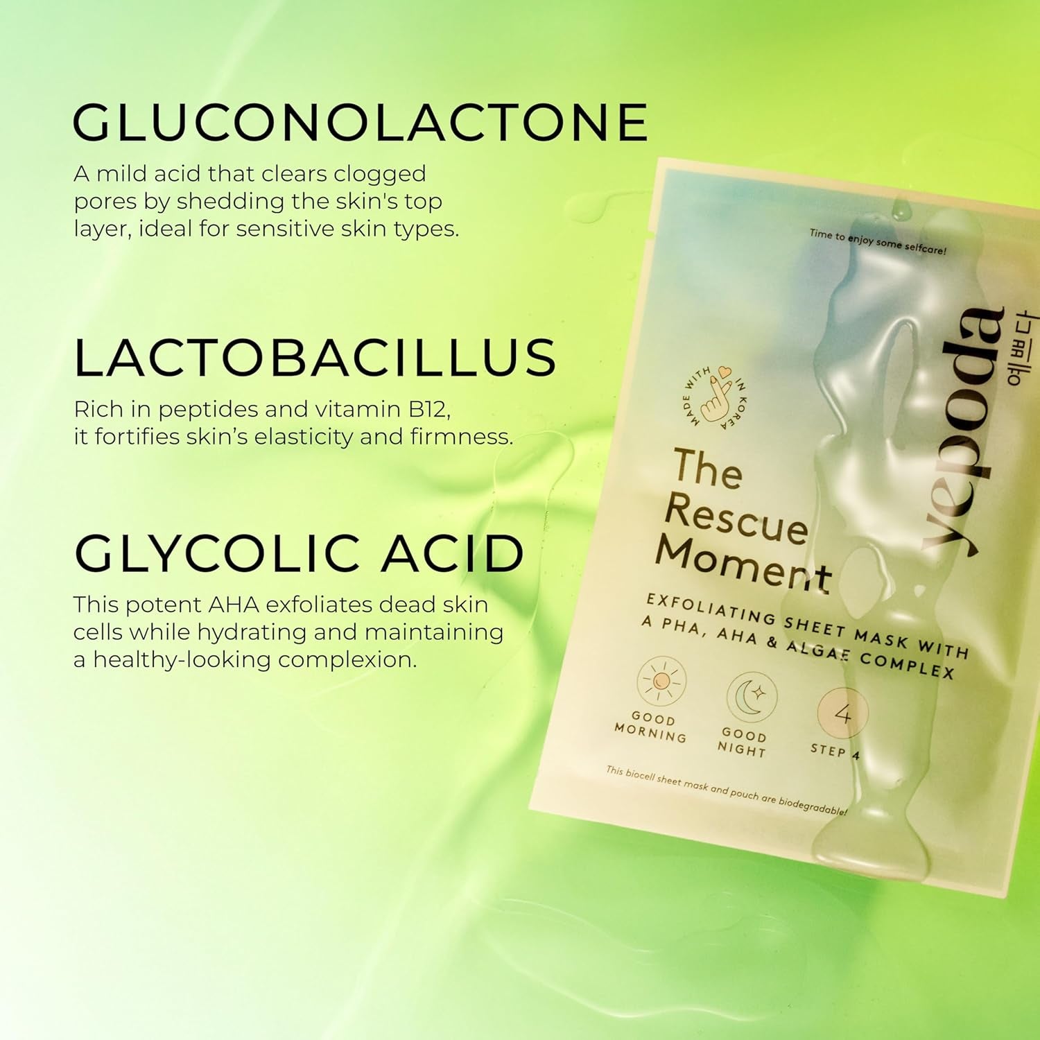 Yepoda - the RESCUE MOMENT - Una Sola Sheet Mask - Mascarilla Facial Exfoliante Con Un Cocktail De PHA, AHA & Algas (25 Ml)